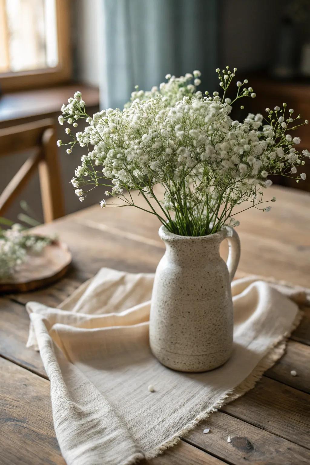 Embrace the ethereal beauty of baby's breath for a woodland-inspired baby shower centerpiece.