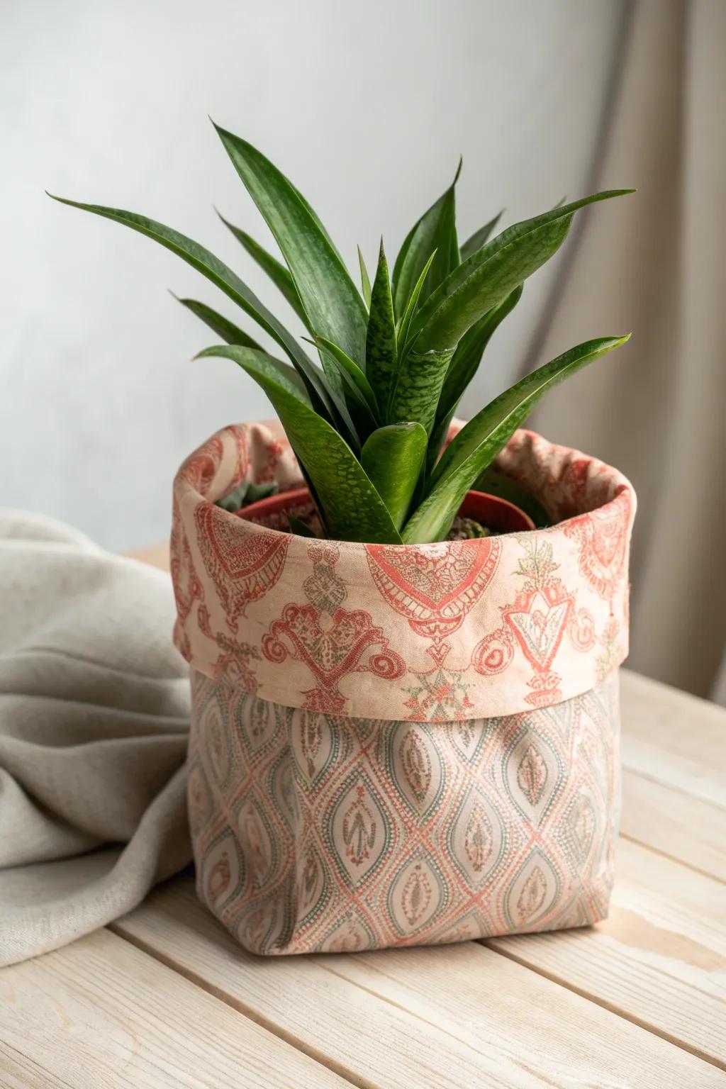 Transform your space with a touch of boho elegance: Fabric-wrapped plant pots for a splash of color and charm.
