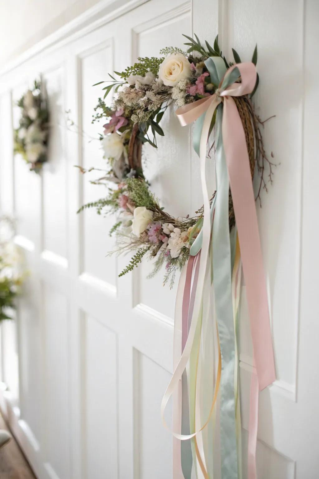 Pastel ribbons create a soft and inviting spring wreath.