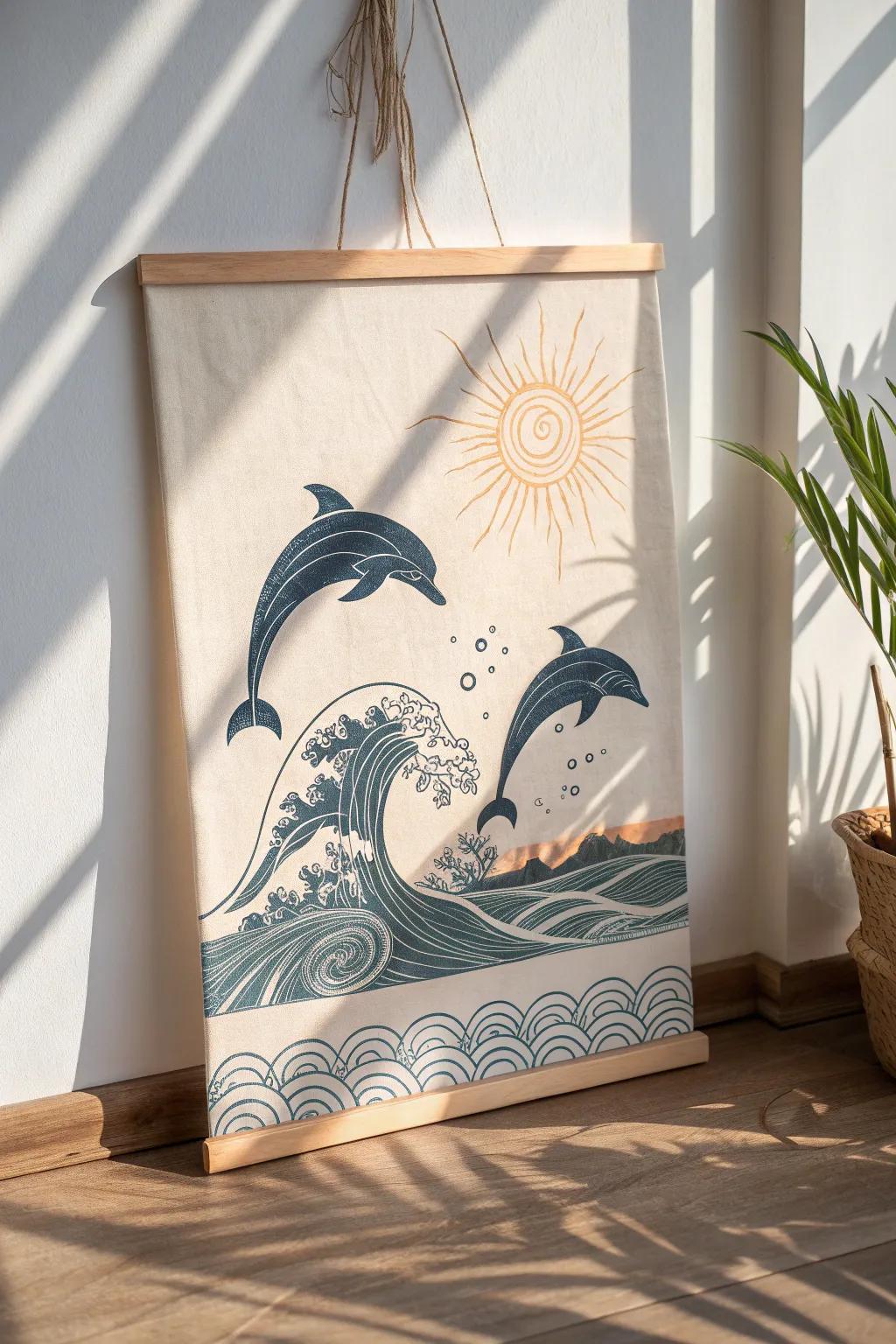 Elevate your space with serene dolphin elegance and oceanic charm.