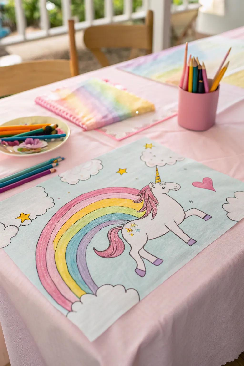 A magical unicorn drawn with a rainbow of colors.