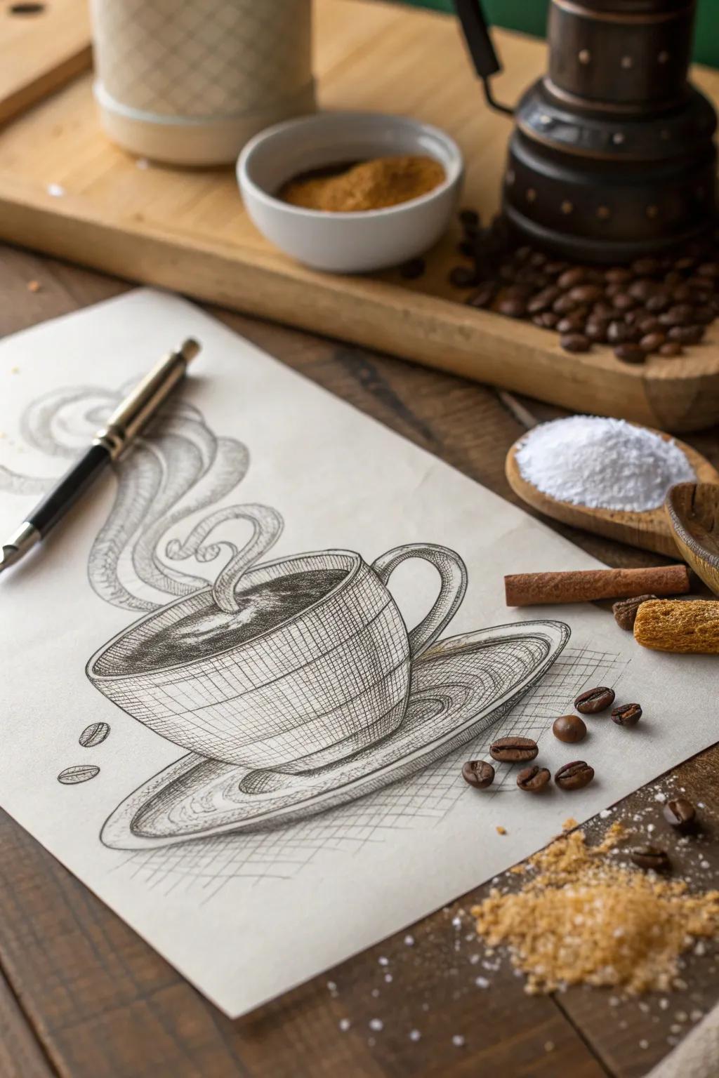 A warm drawing of a coffee cup, perfect for kitchen decor.