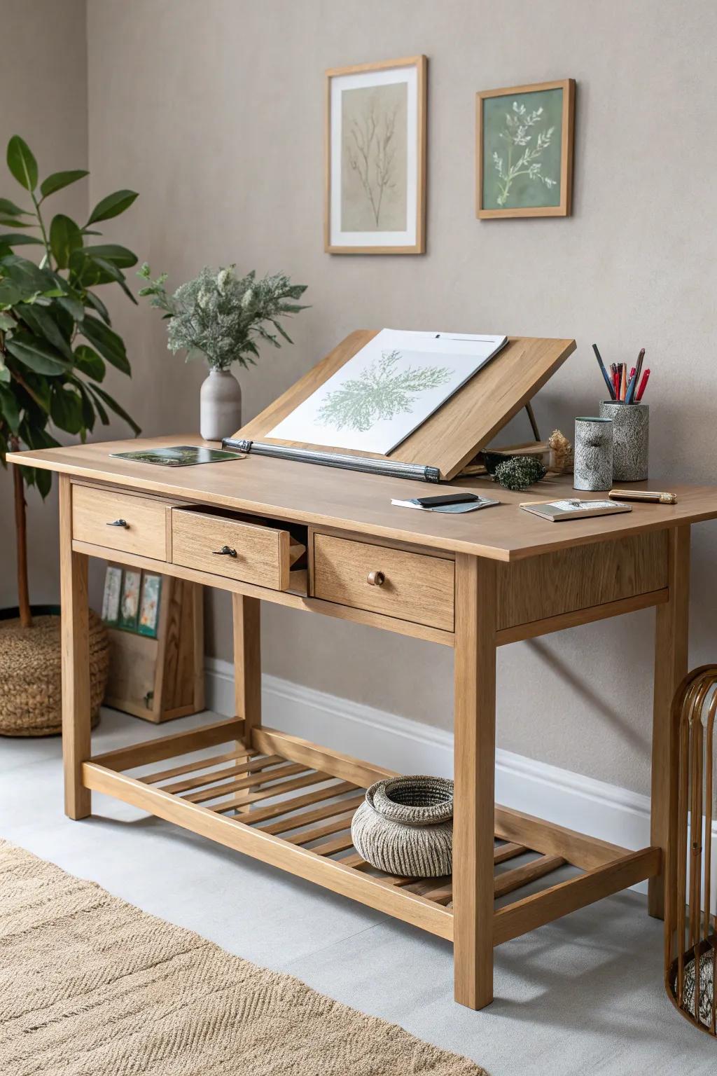 Effortless elegance meets functionality: Discover the beauty of built-in storage with this minimalist drawing table.