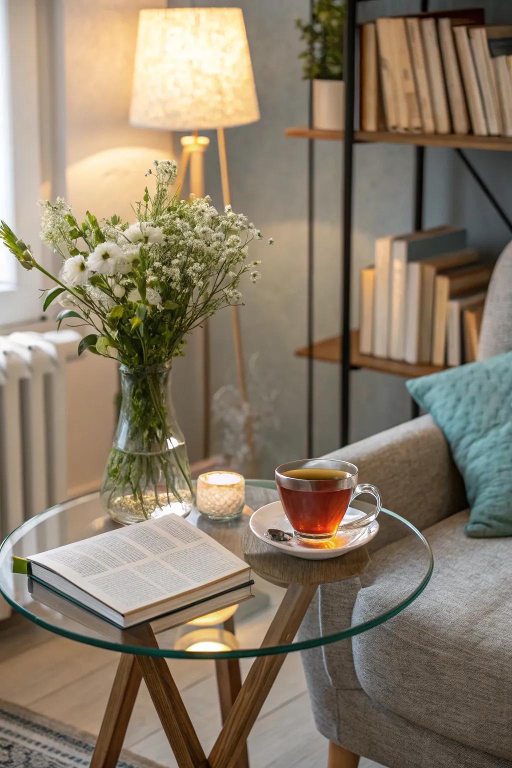 A minimalist glass-top drink table in a stylish reading nook.