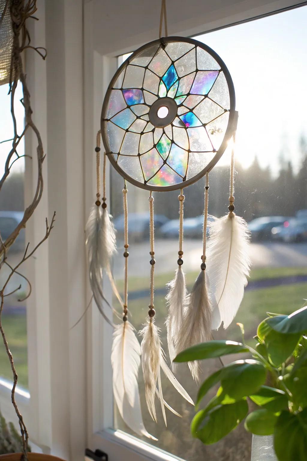 Transform old DVDs into a stunning dreamcatcher that dances with light and color – a perfect blend of minimalism and boho charm.