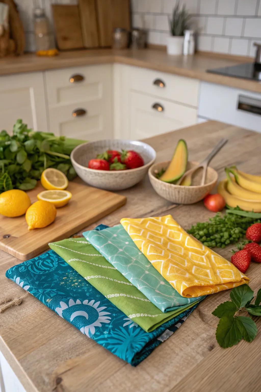 Handmade beeswax wraps offering a sustainable storage solution in the kitchen.