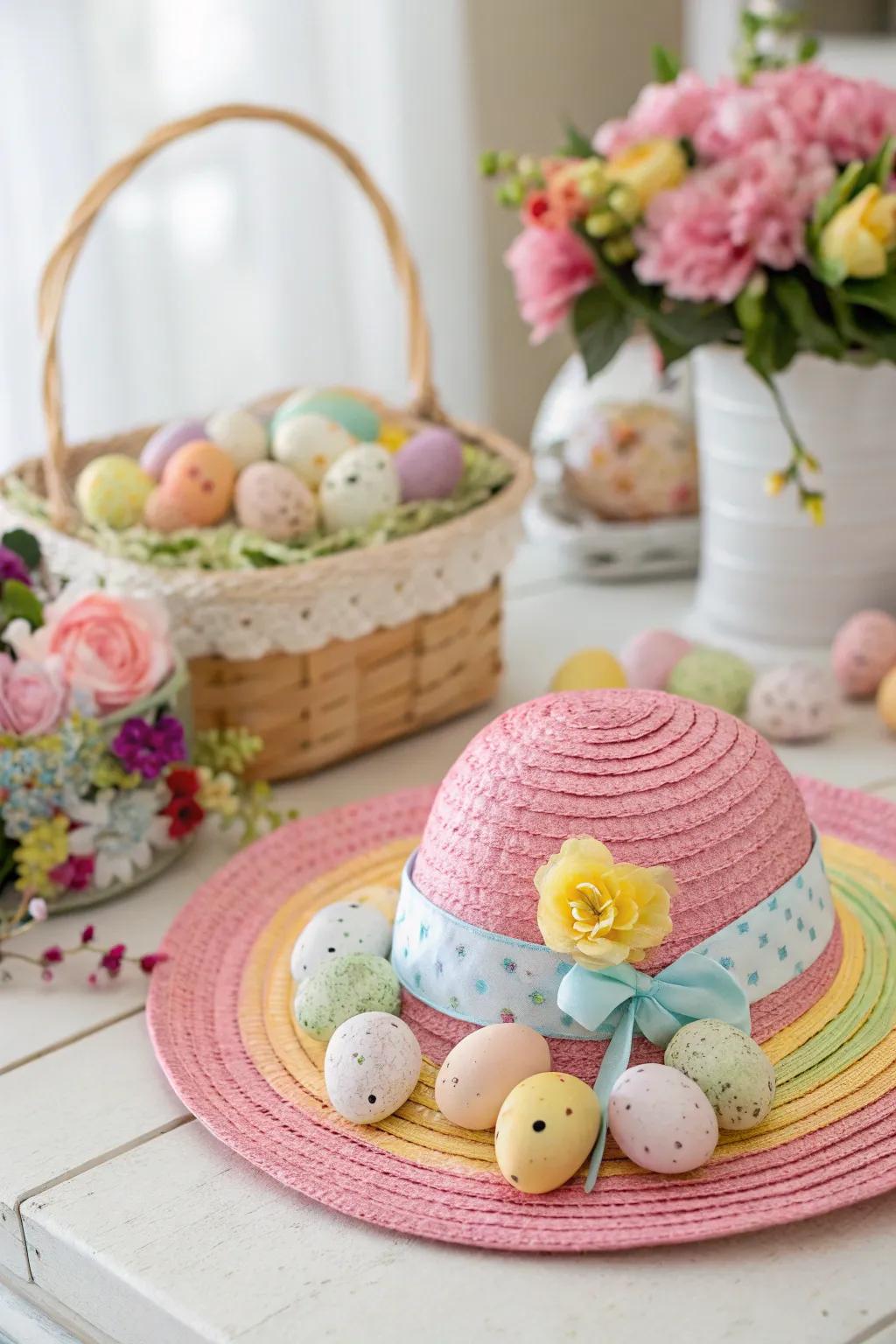 An egg-cellent Easter bonnet boasting colorful egg decorations.