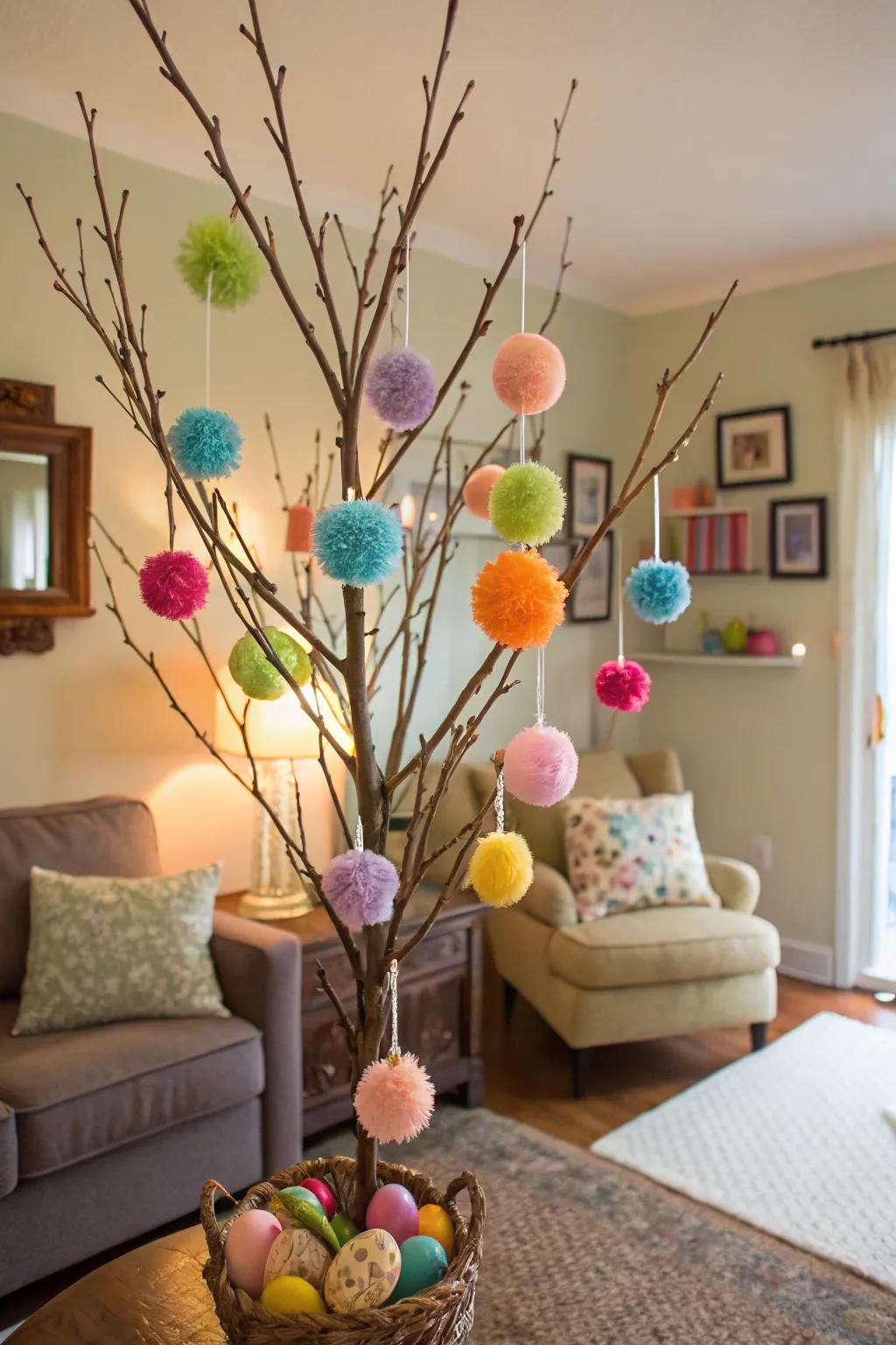 A playful Easter tree decorated with adorable pom pom eggs, perfect for a family-friendly vibe.