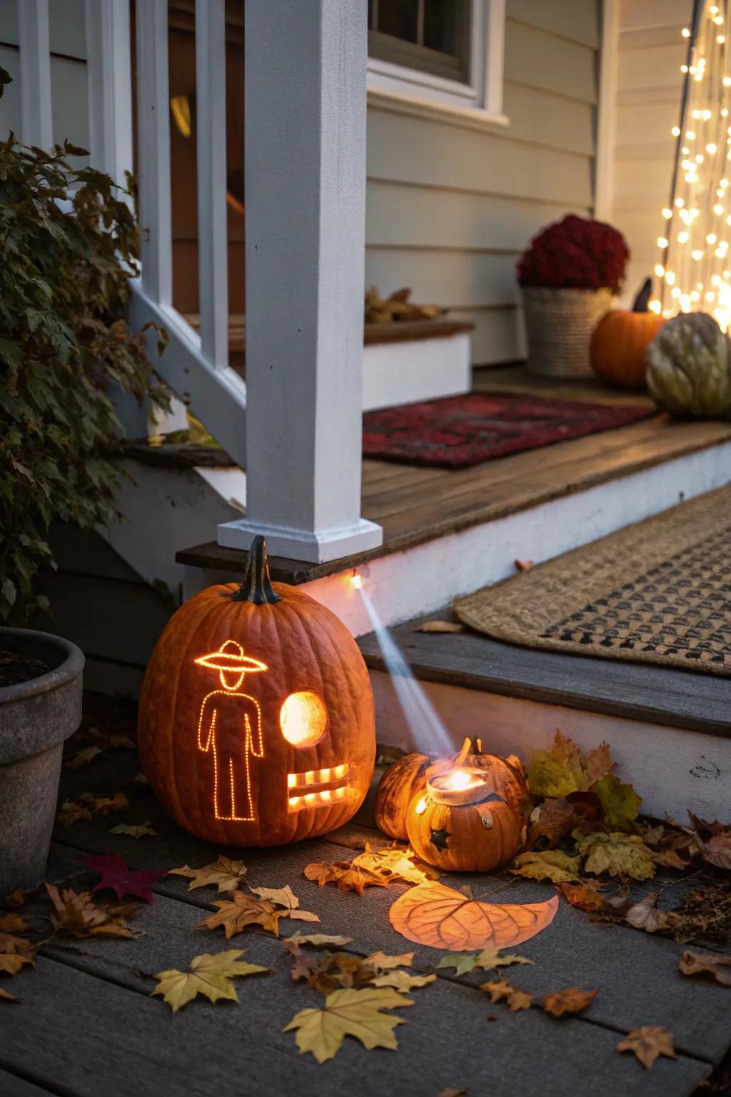 An alien visit in pumpkin form with a glowing UFO.