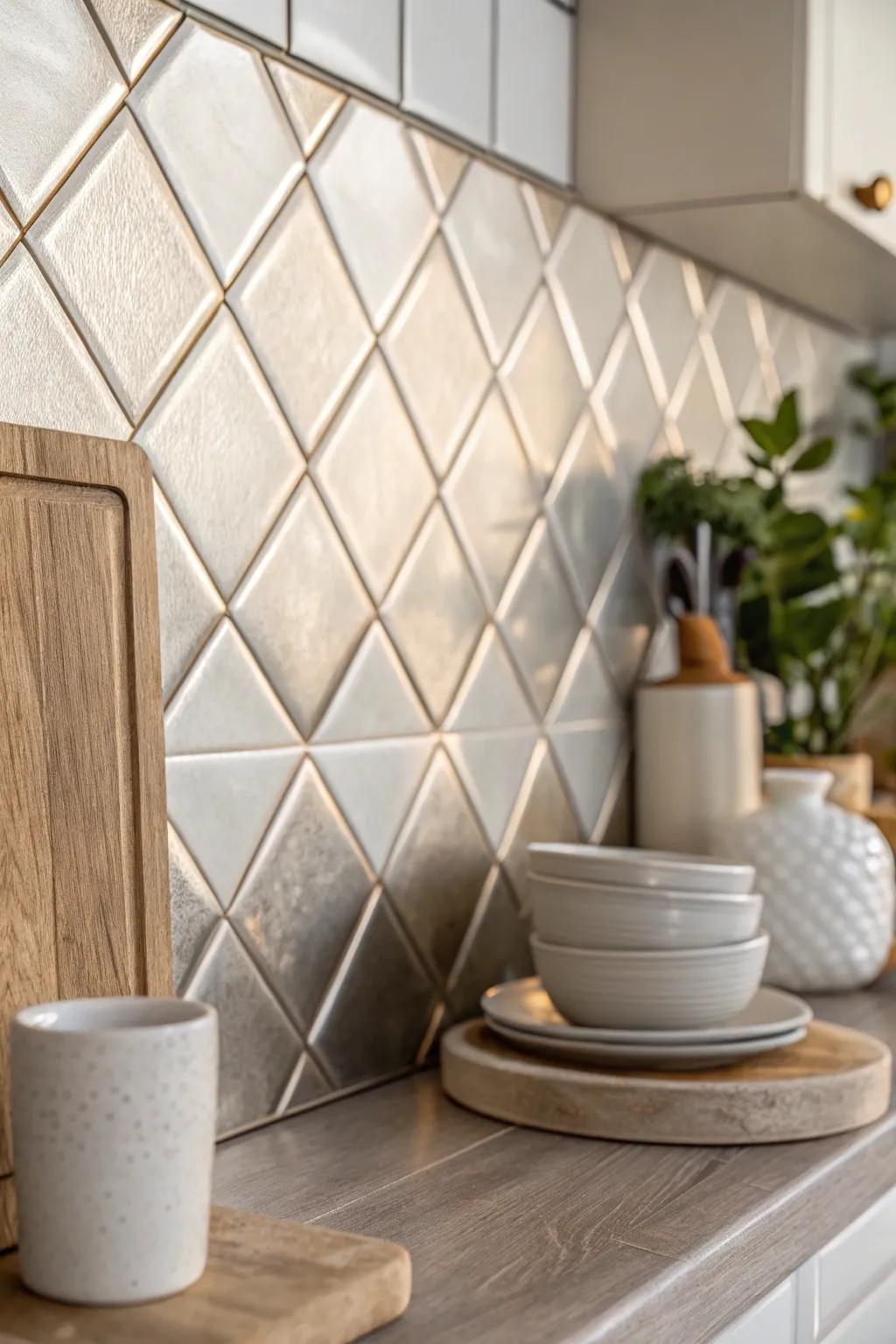 Transform your kitchen with the modern elegance of metallic tiles, adding light and style to your space.