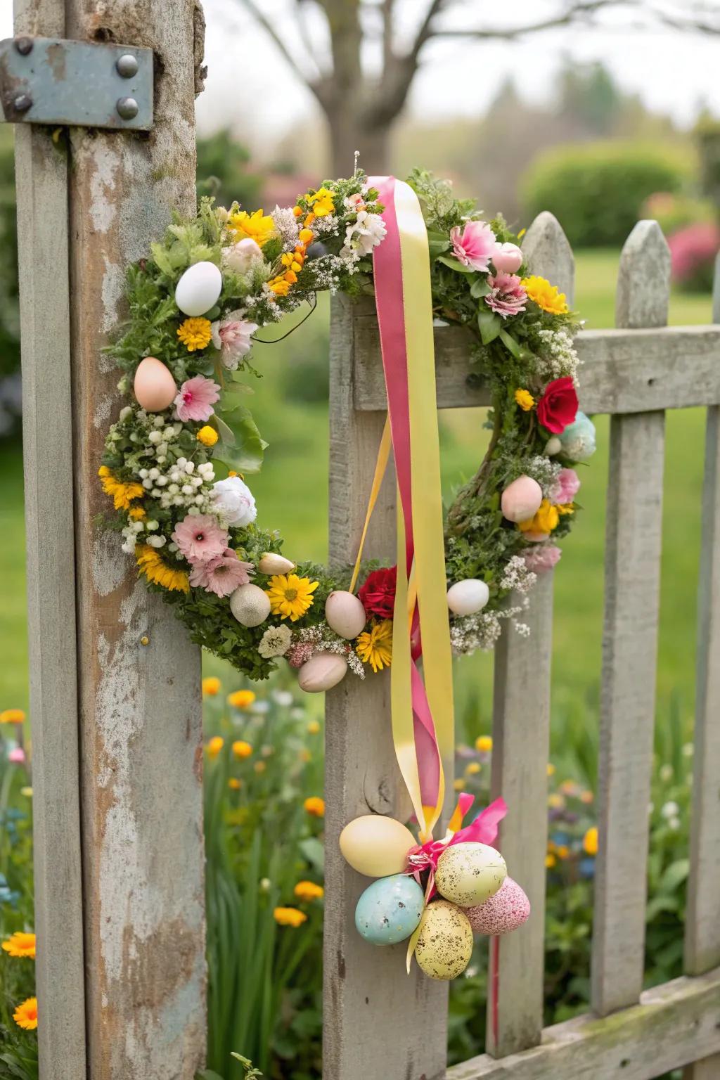 Brighten up your space with a floral egg ribbon wreath.