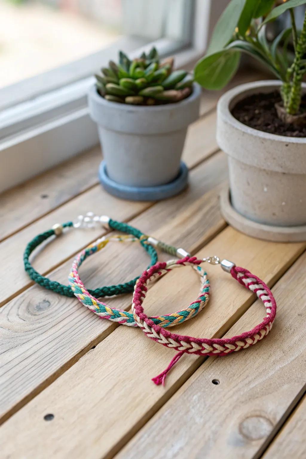 Effortless elegance with simple braided bracelets in soft colors.