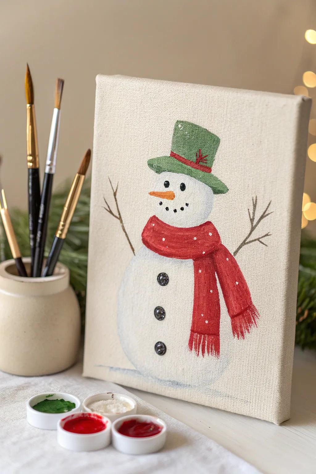 Add a splash of whimsy to your winter decor with this charming snowman painting!