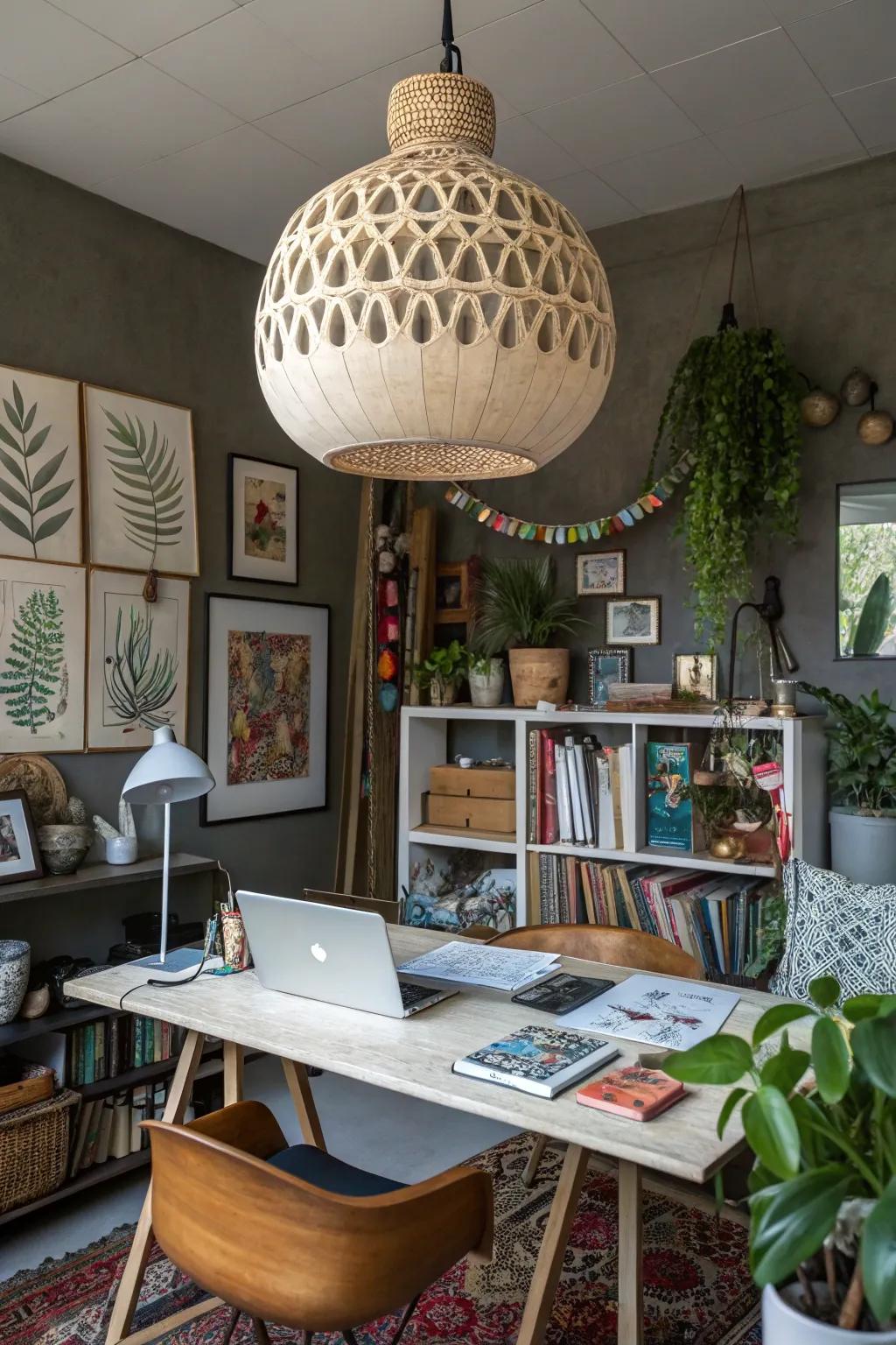 A statement pendant light adds an artistic flair to this eclectic home office.