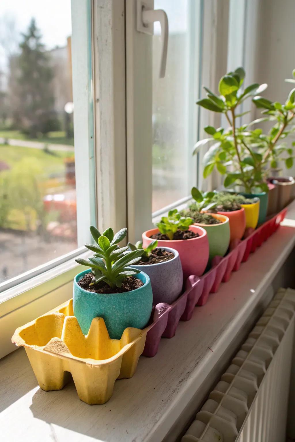 Mini egg carton planters brighten up your kitchen window.