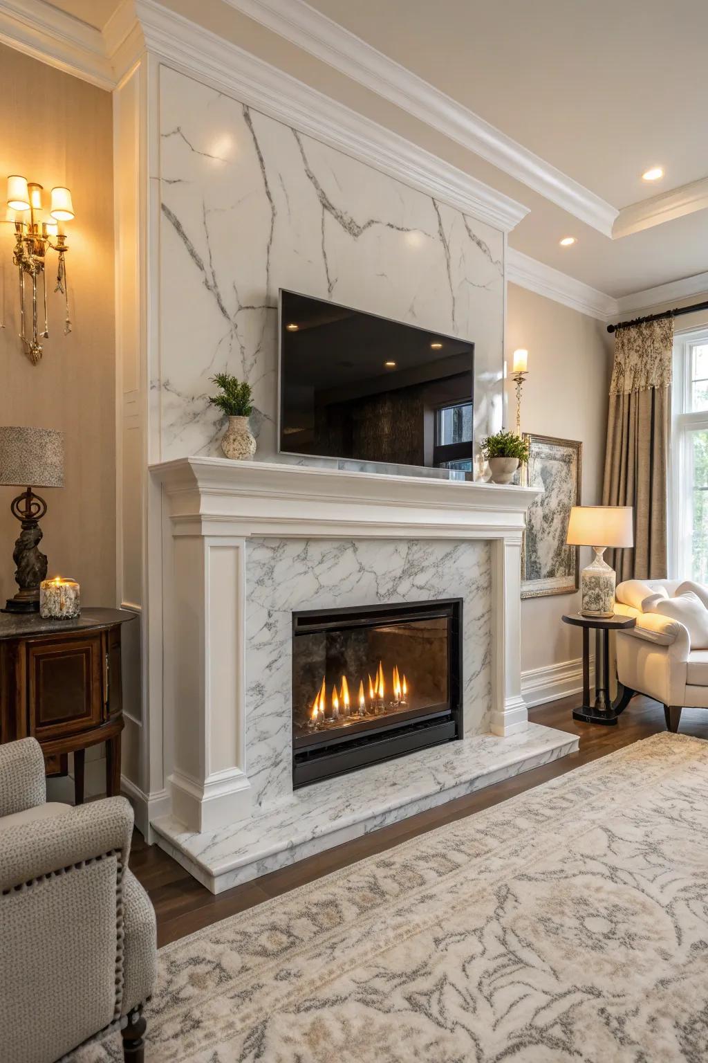 Sophisticated elegance: Marble tiles make your fireplace the centerpiece.