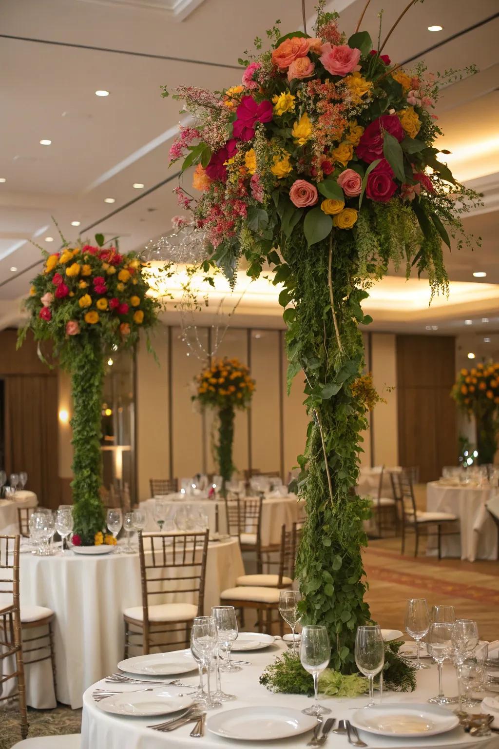 Tall floral centerpieces with cascading greenery add elegance and height to the table.