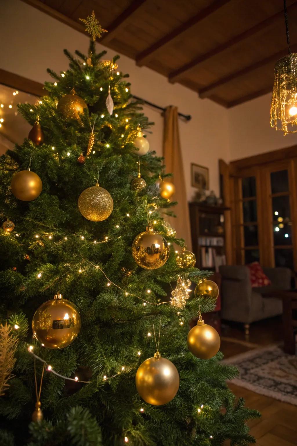 Large gold ornaments create depth and sparkle on your tree.