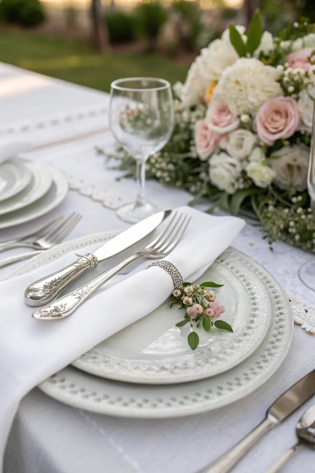 Silvery tableware enhances elegance.