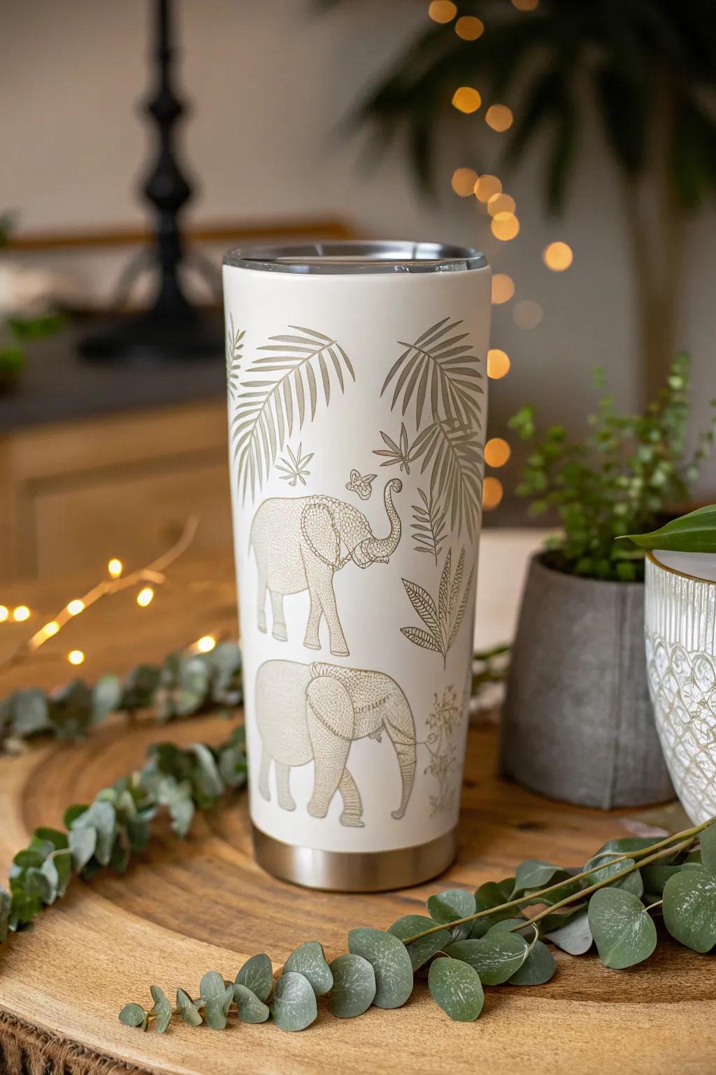 Sip your way through the jungle with this elegantly crafted elephant tumbler, a perfect blend of minimalism and bohemian charm.