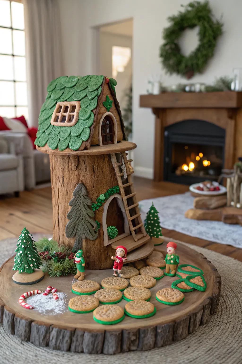 An adventurous elf treehouse made of gingerbread.