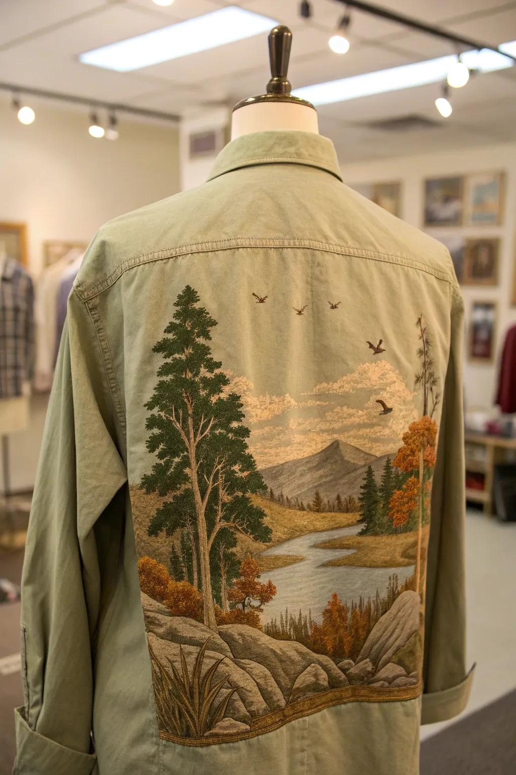 A breathtaking nature scene embroidered on the back of a shirt.