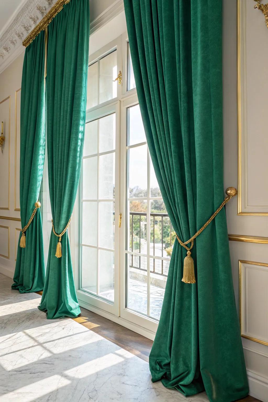 Emerald green curtains paired with gold curtain rods for a luxurious feel.