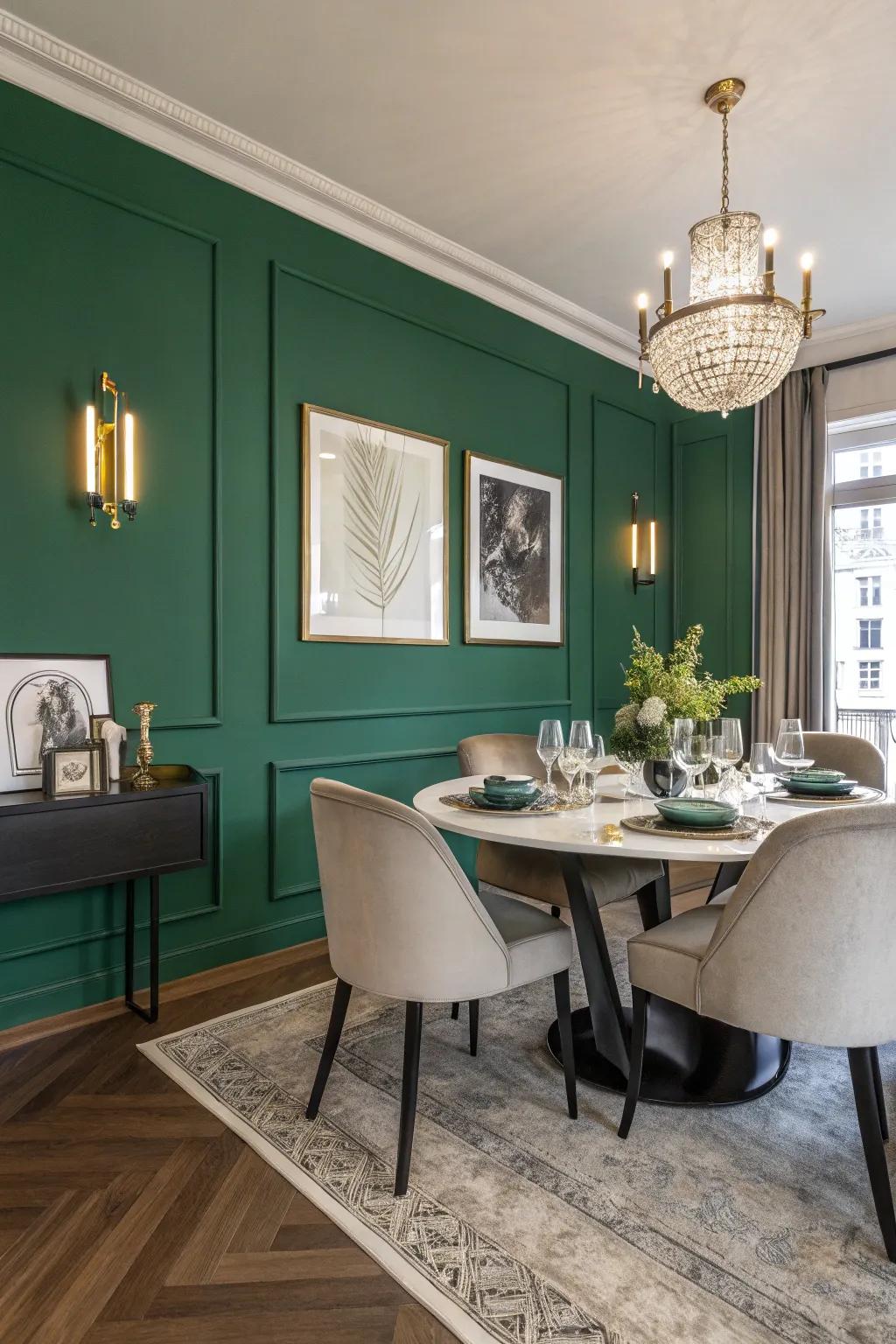 An emerald green accent wall can transform your dining room into a focal point.