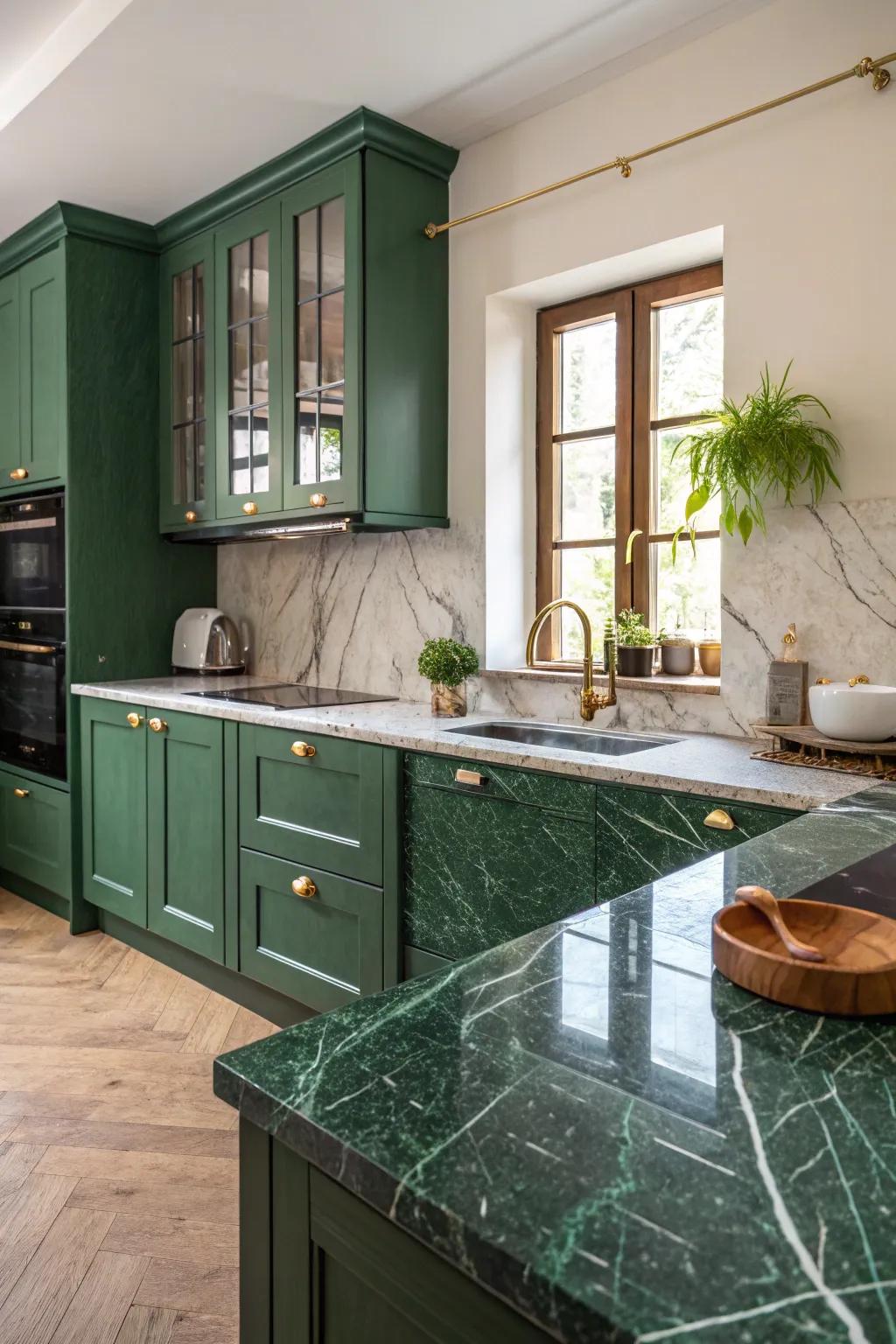 Elegant kitchen featuring green marble countertops perfectly paired with emerald cabinets.