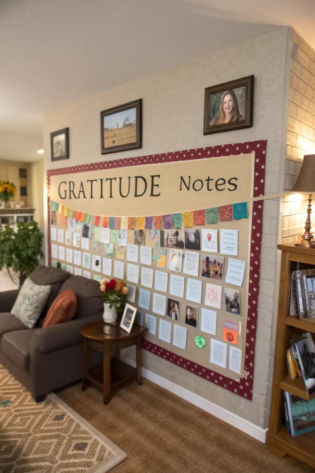 A gratitude wall filled with colorful notes of appreciation.