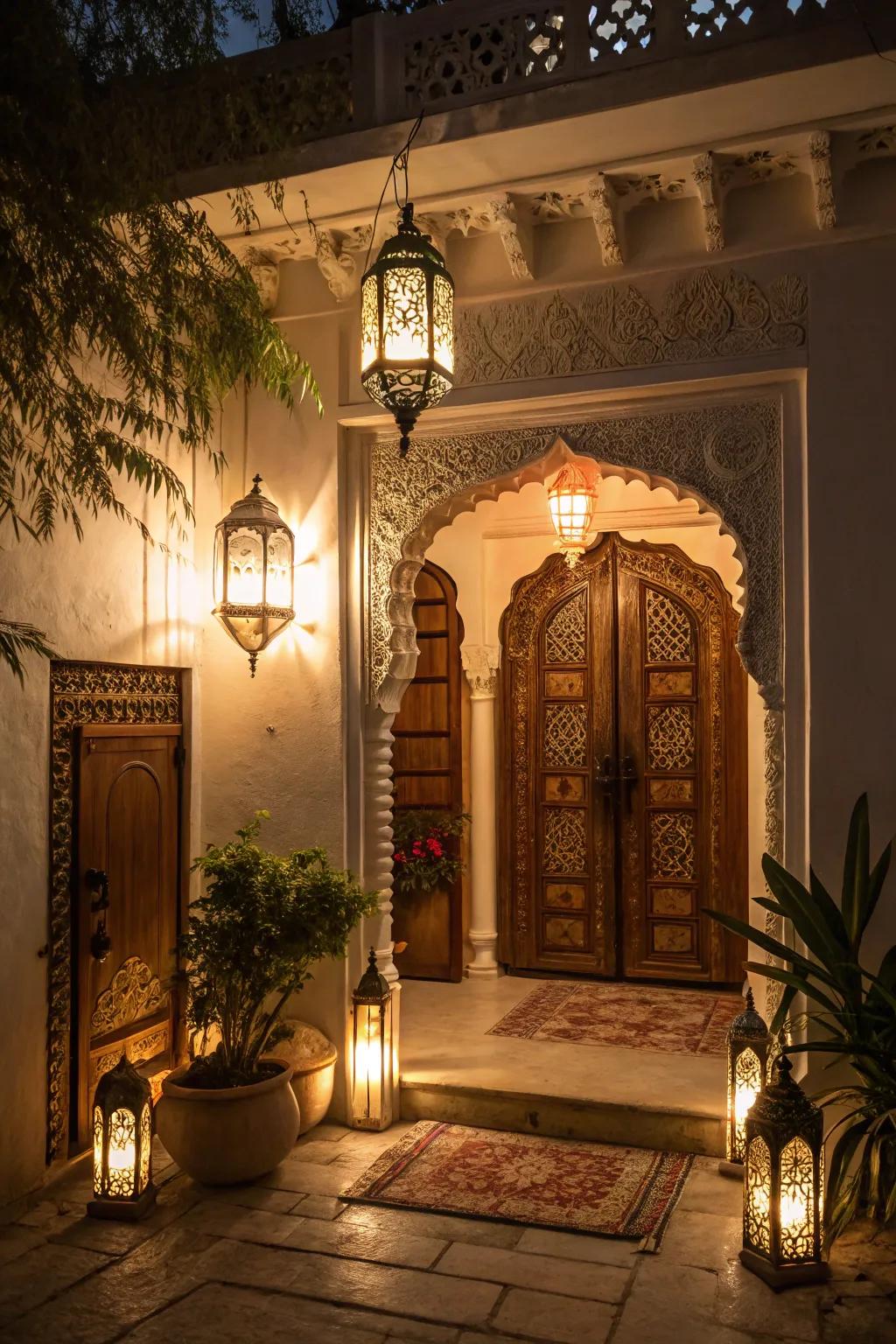 Warm ambient lighting illuminating a cozy Indian home entrance.