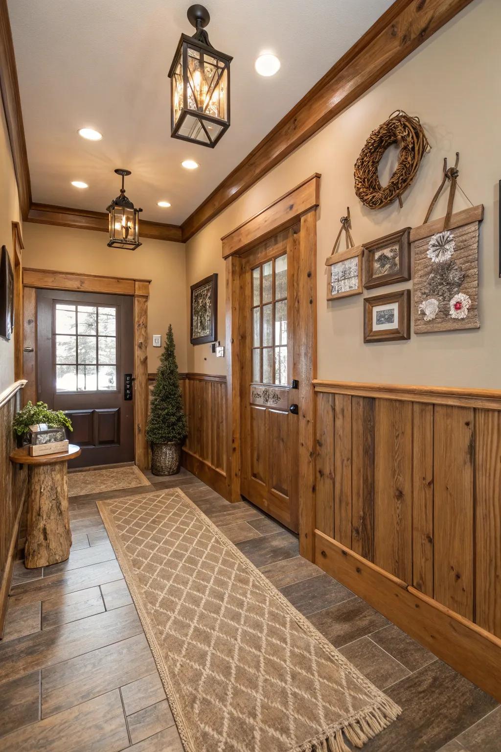 Warm wood tones create a rustic and inviting entryway.