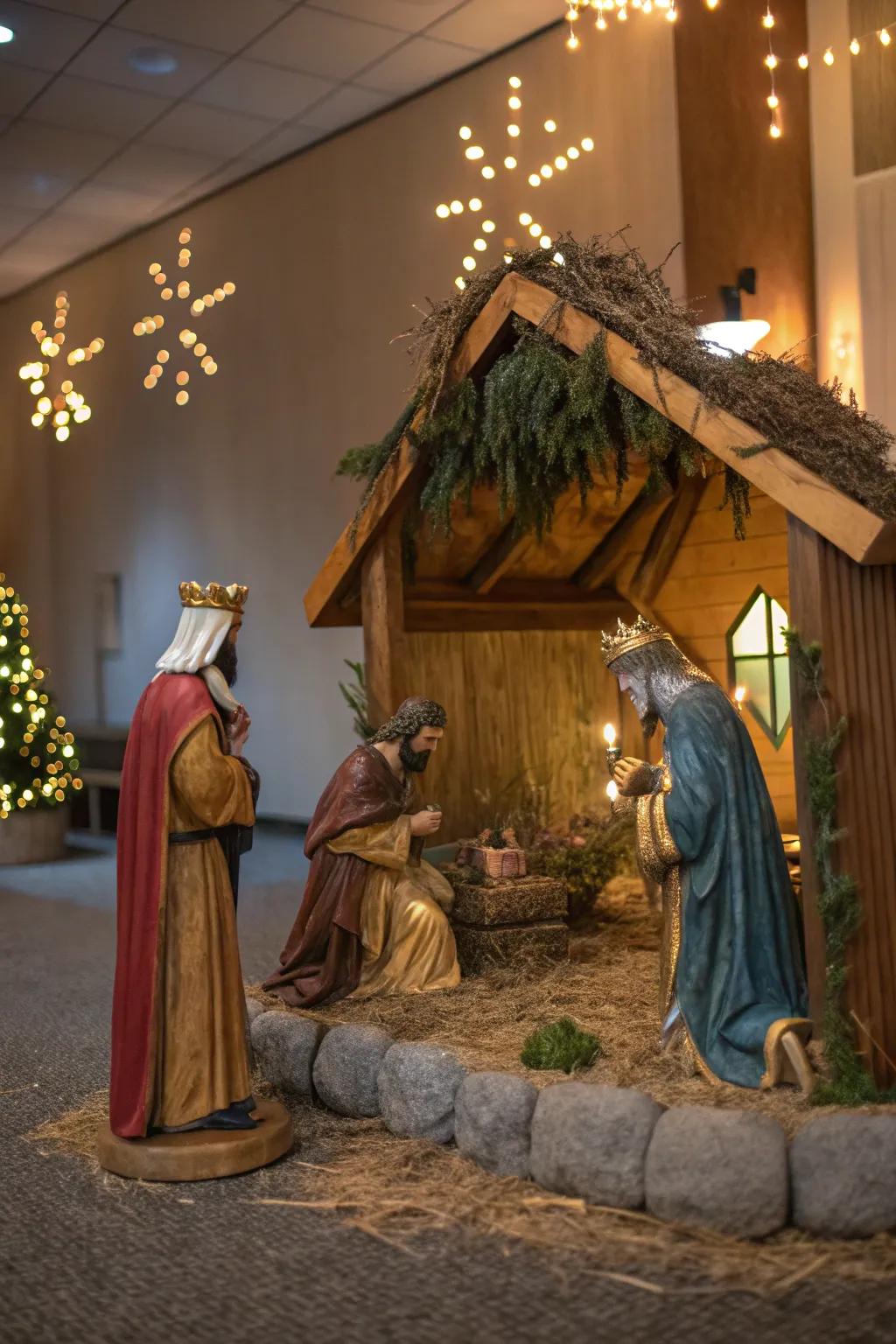 An interactive nativity scene adds depth and storytelling to your decor.