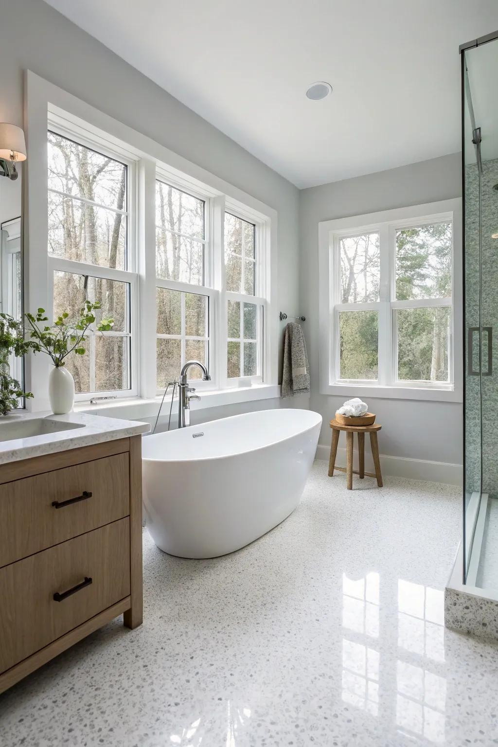 Bright white epoxy floor creating a serene spa-like bathroom.