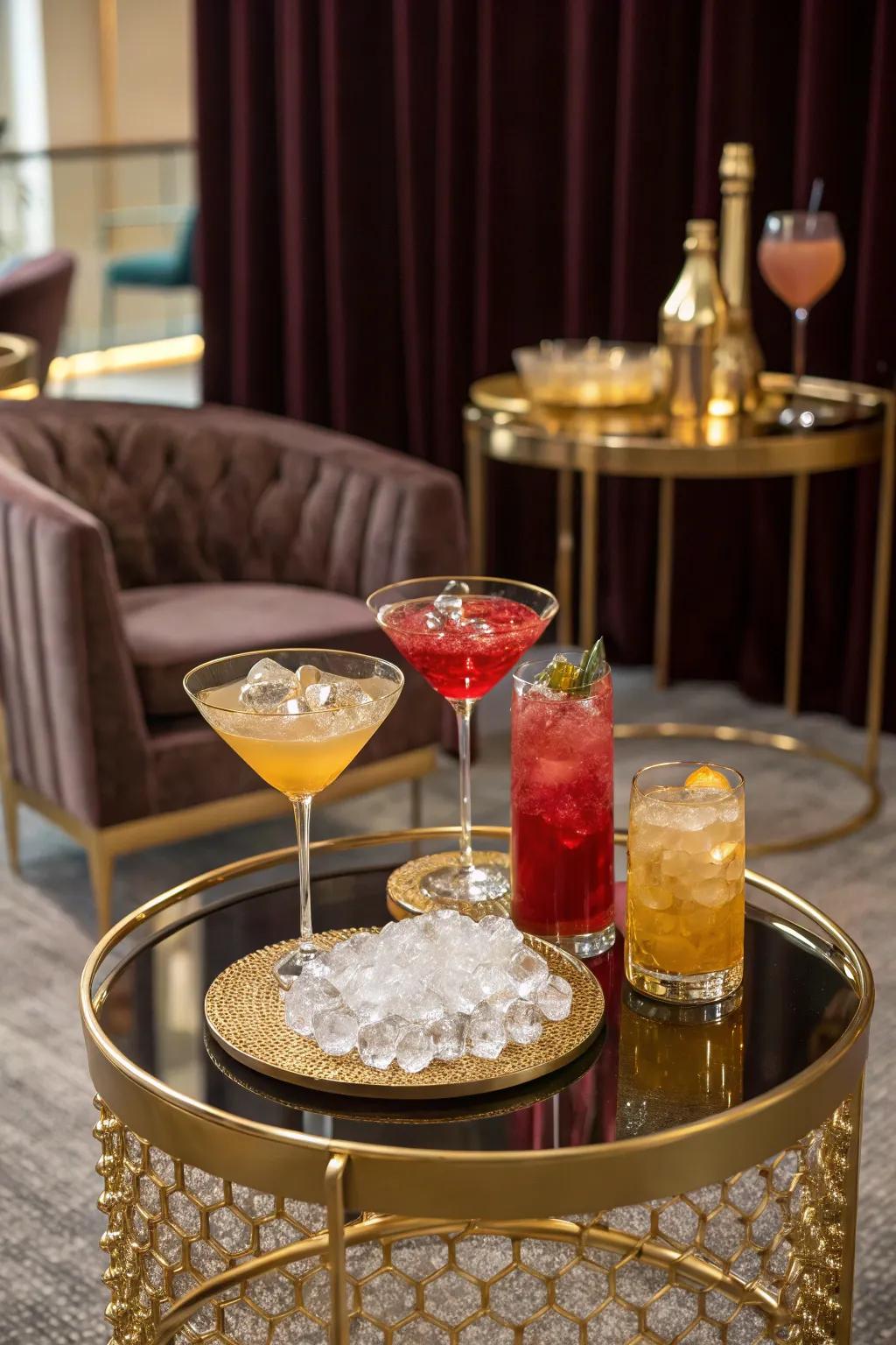 Glamorous cocktail table with gold metallic accents.