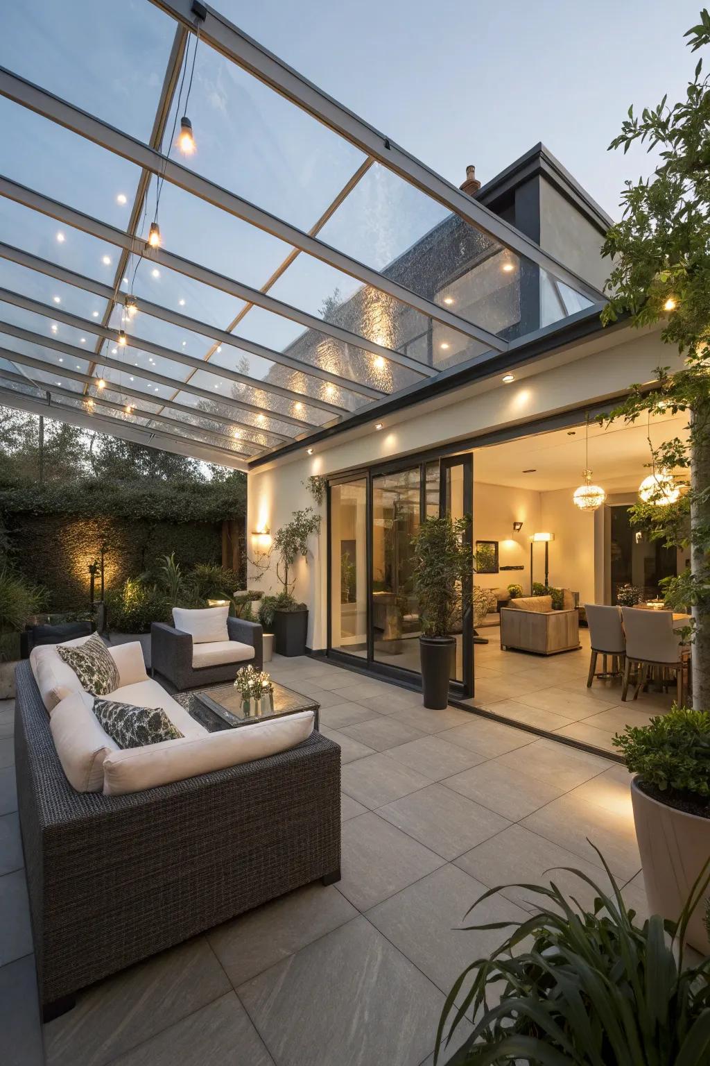 A glass roof extension lets you enjoy the sky from the comfort of your patio.