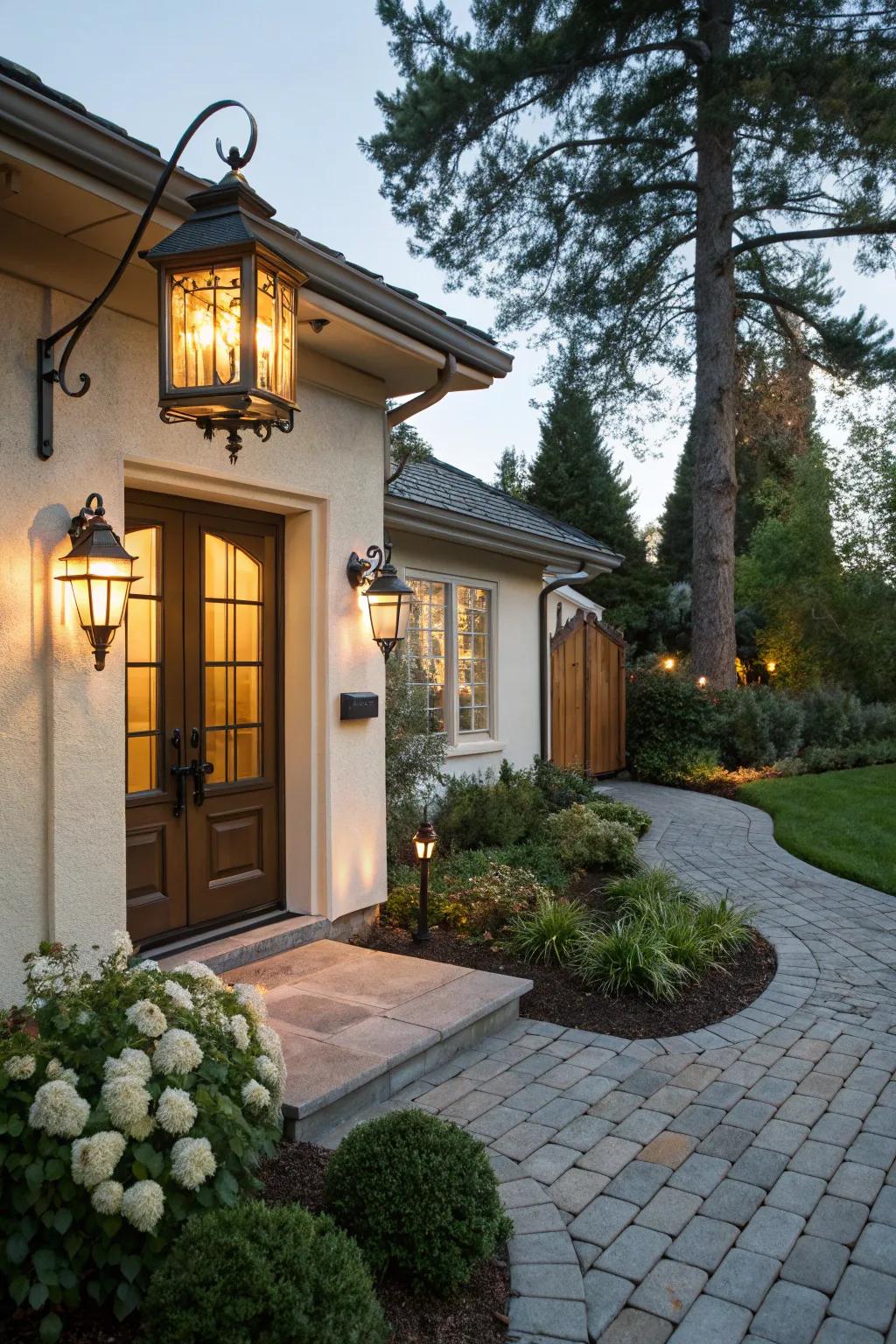 Outdoor lighting enhances the entrance's ambiance.