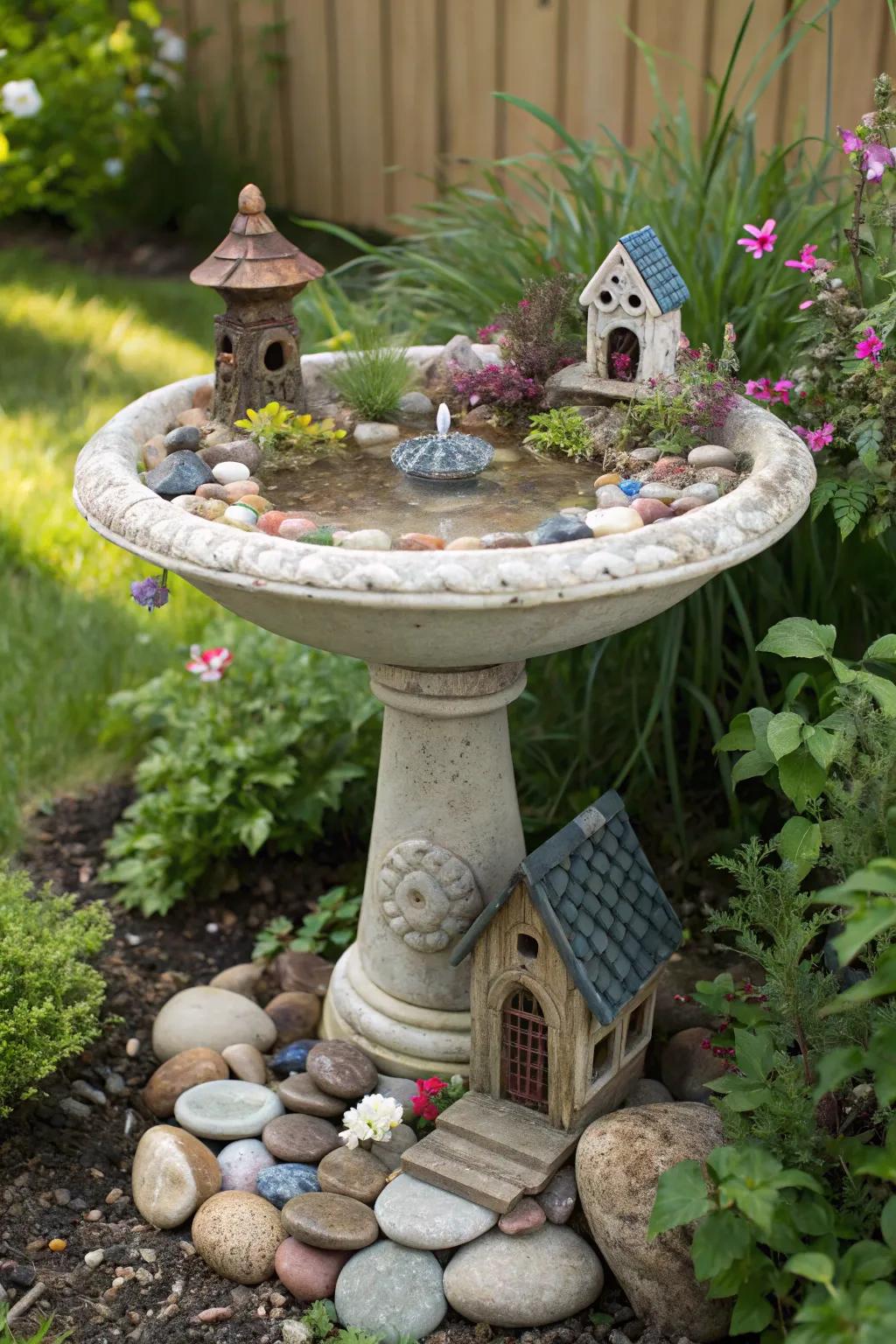 A birdbath fairy garden that adds a touch of magic to any outdoor space.