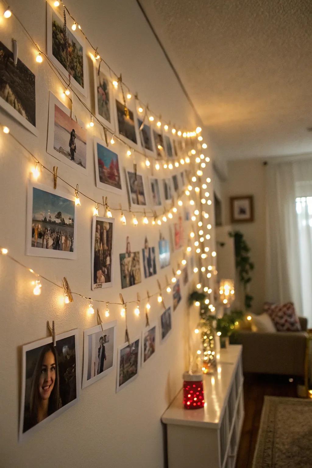 A personal photo display enhanced by the warm glow of fairy lights.