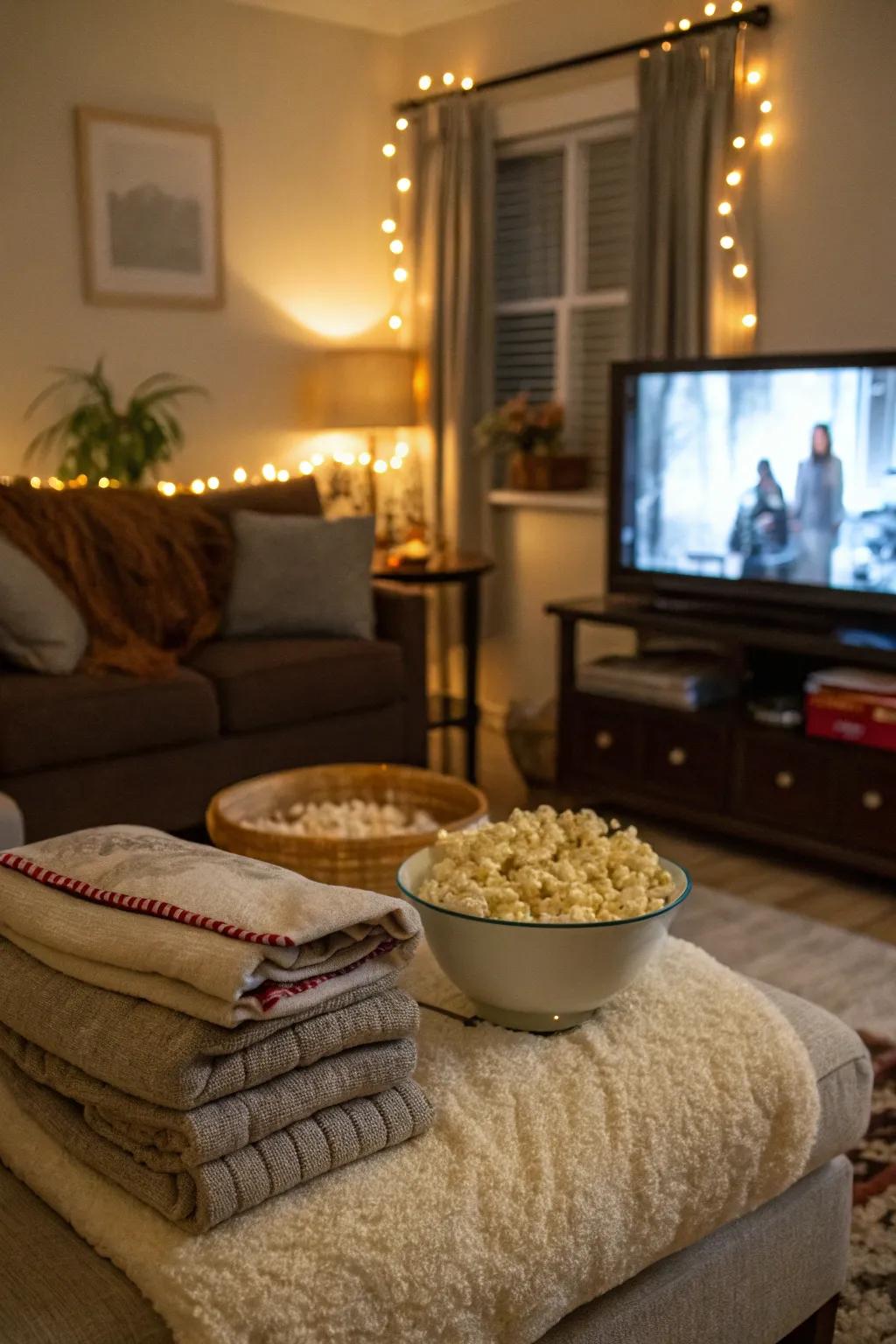 Enjoy a cozy movie night with fall ambiance.