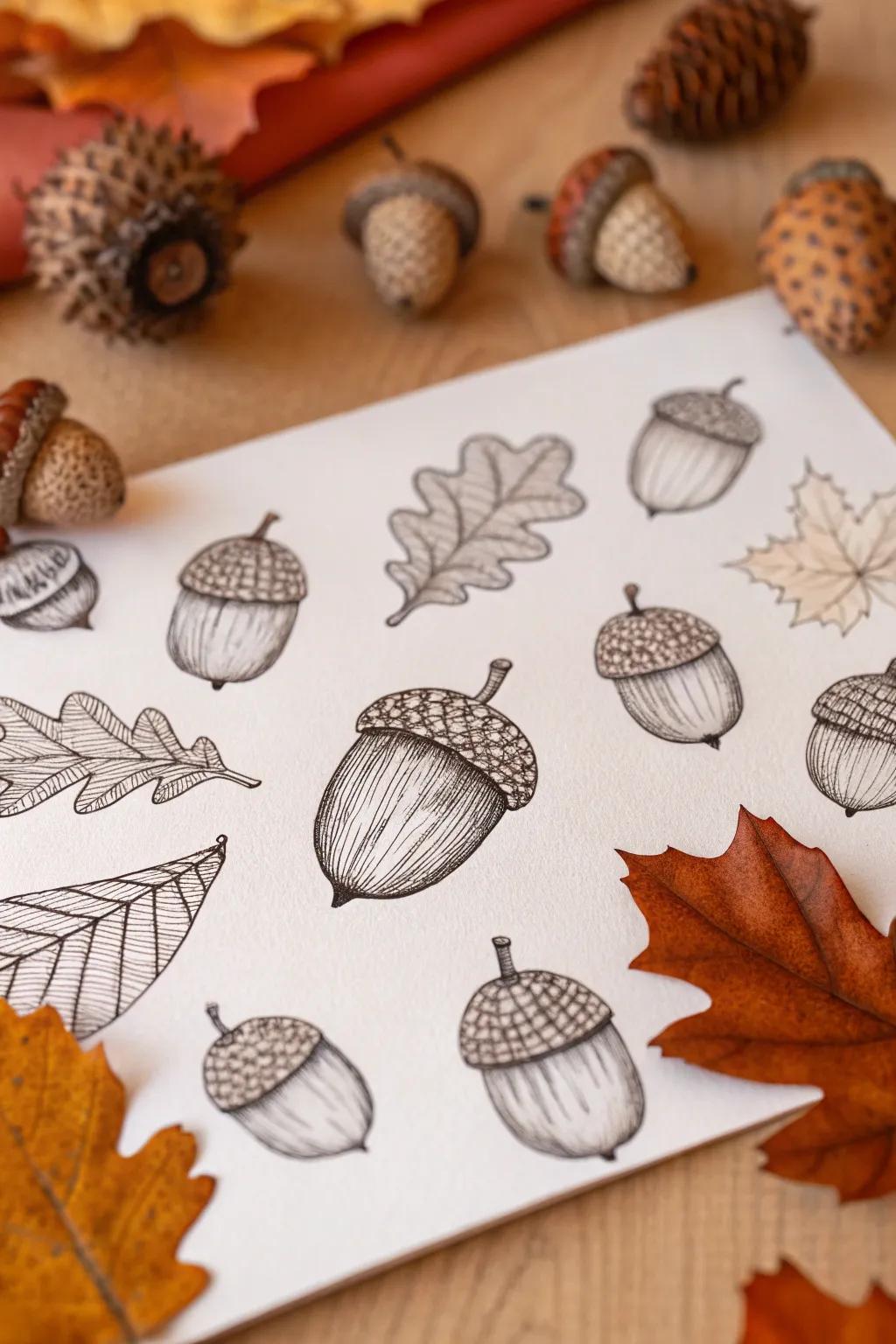 Detailed acorn doodles that bring fall magic to any project.