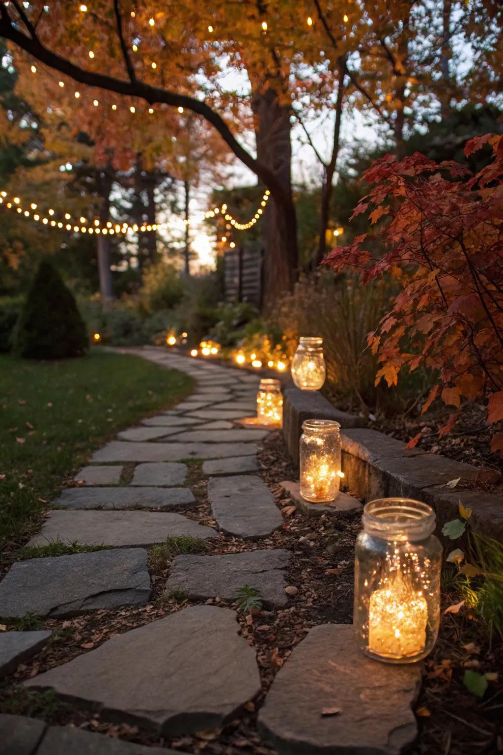 Mason jar lanterns illuminate a garden path at dusk.