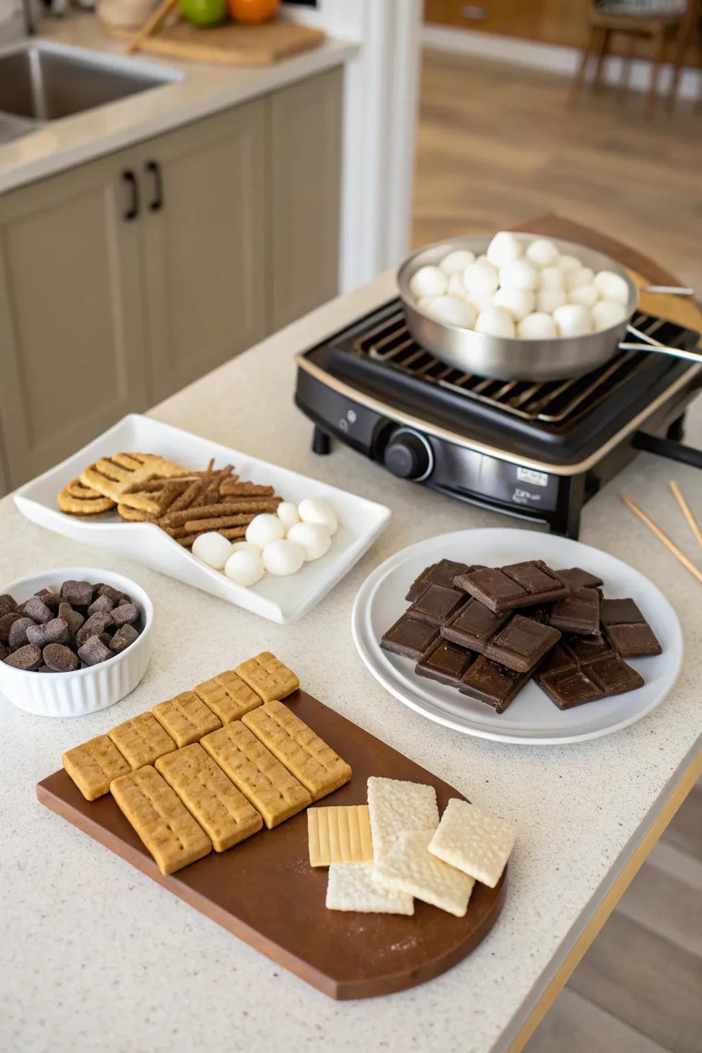 An indoor s'mores station ready for family fun.