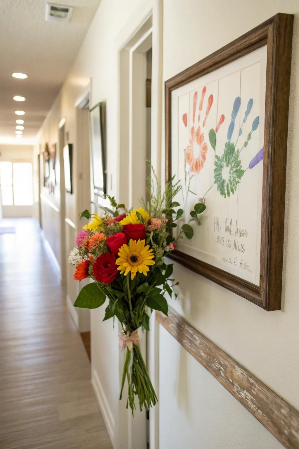 A creative bouquet of family handprints as flowers.