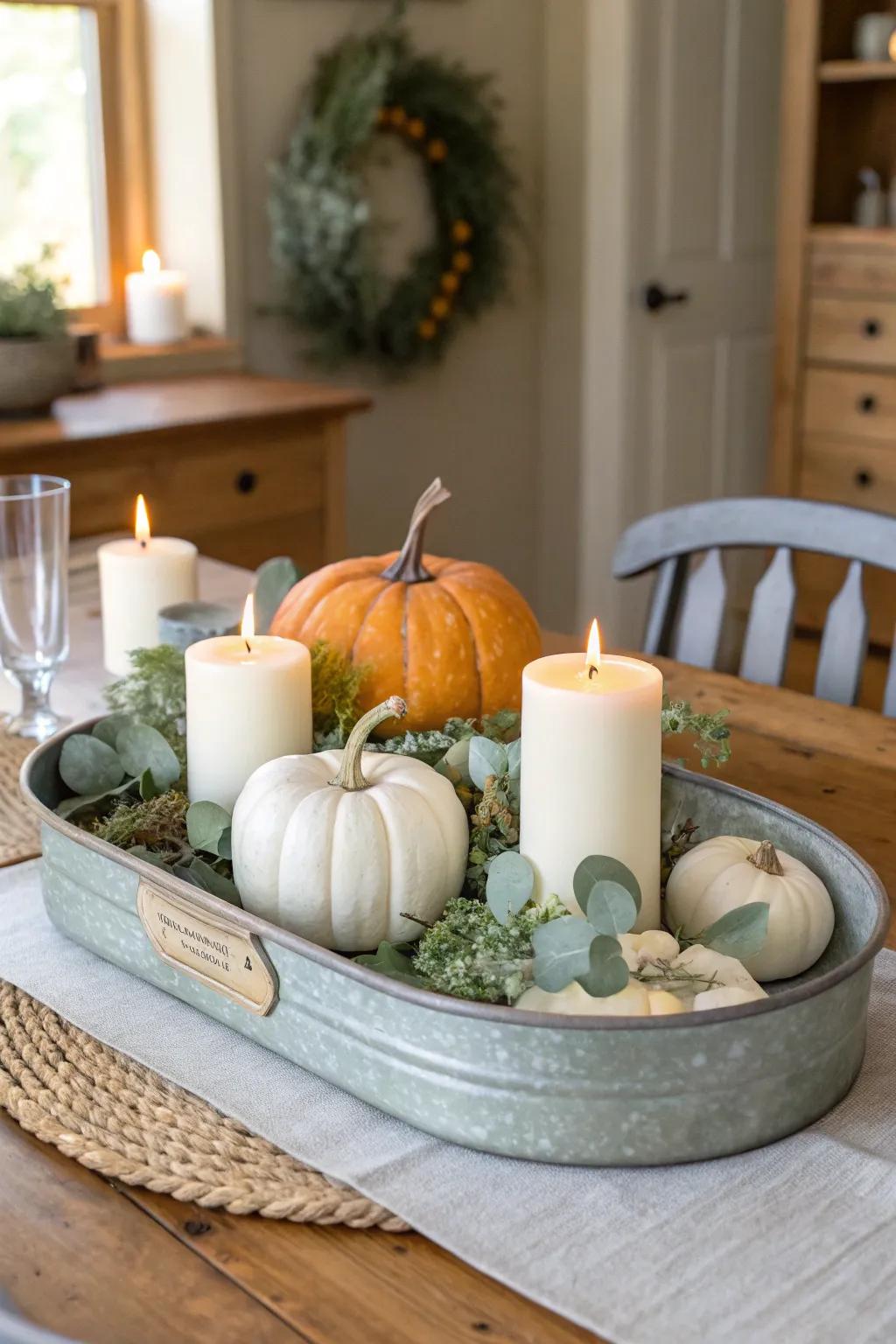 A galvanized tray with candles and seasonal elements adds industrial charm to a farmhouse centerpiece.