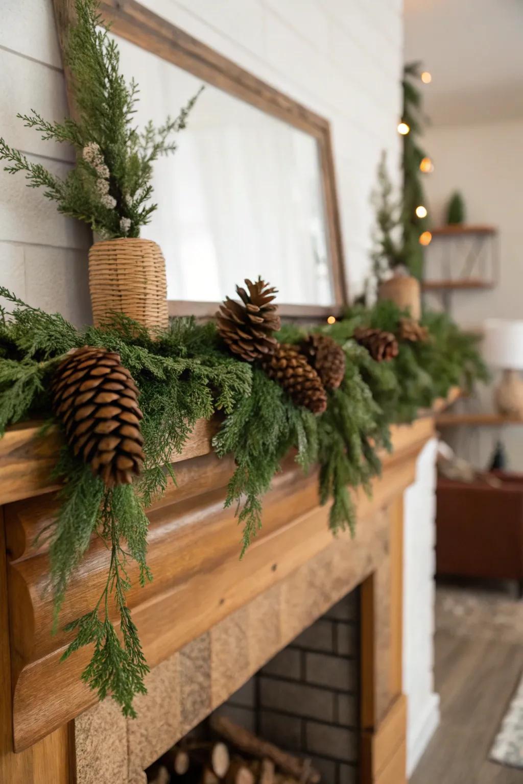 Natural garland with greenery and pinecones on a rustic mantel.