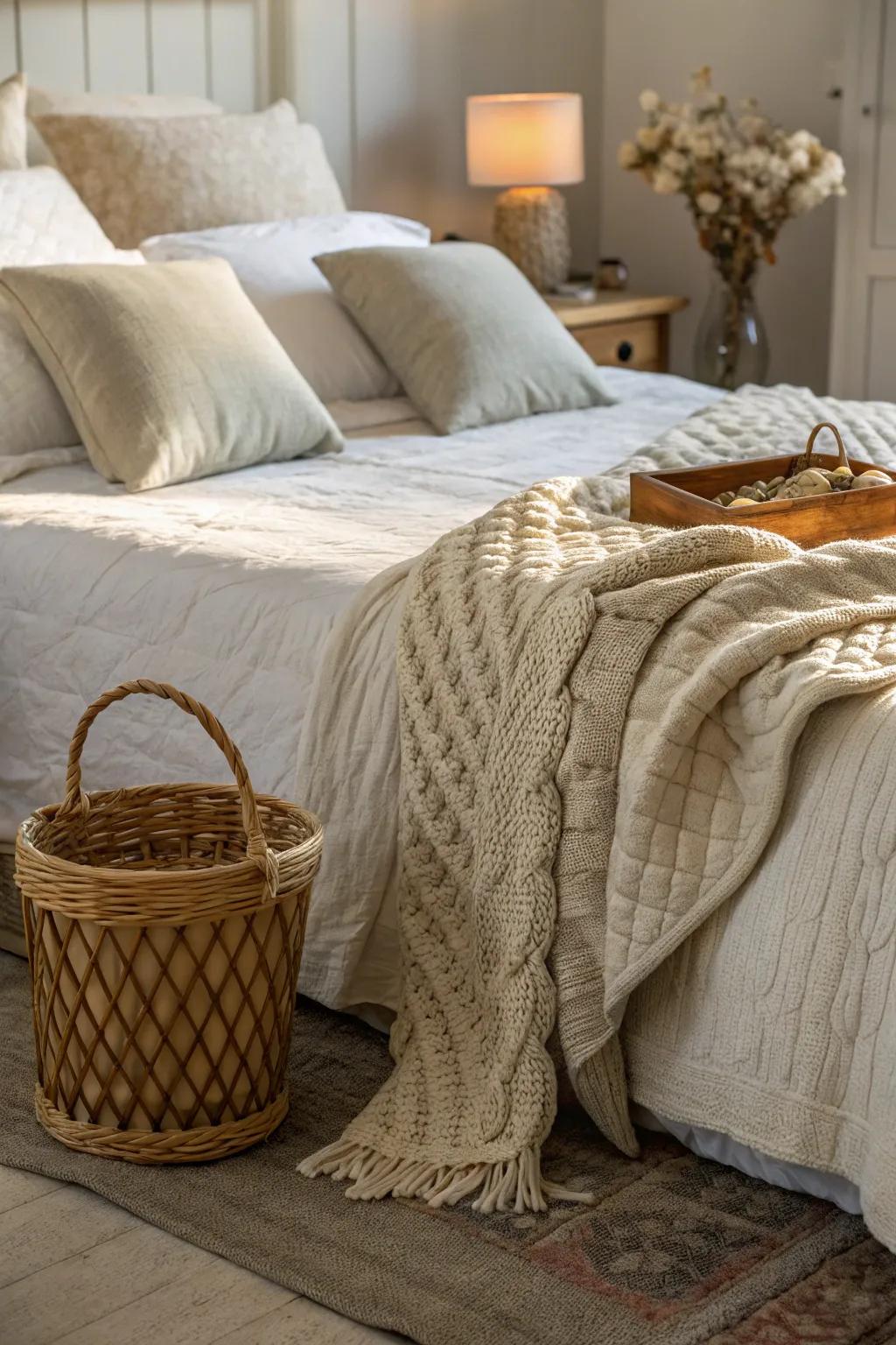 Layered textiles add warmth and depth to farmhouse interiors.