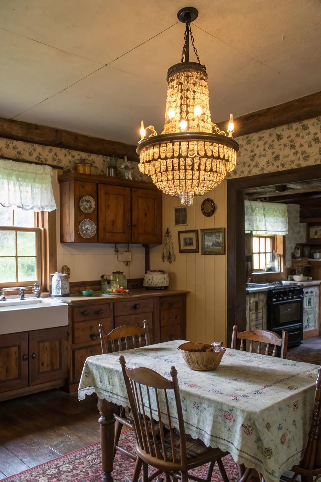 Antique glass chandelier brings vintage elegance to the kitchen.