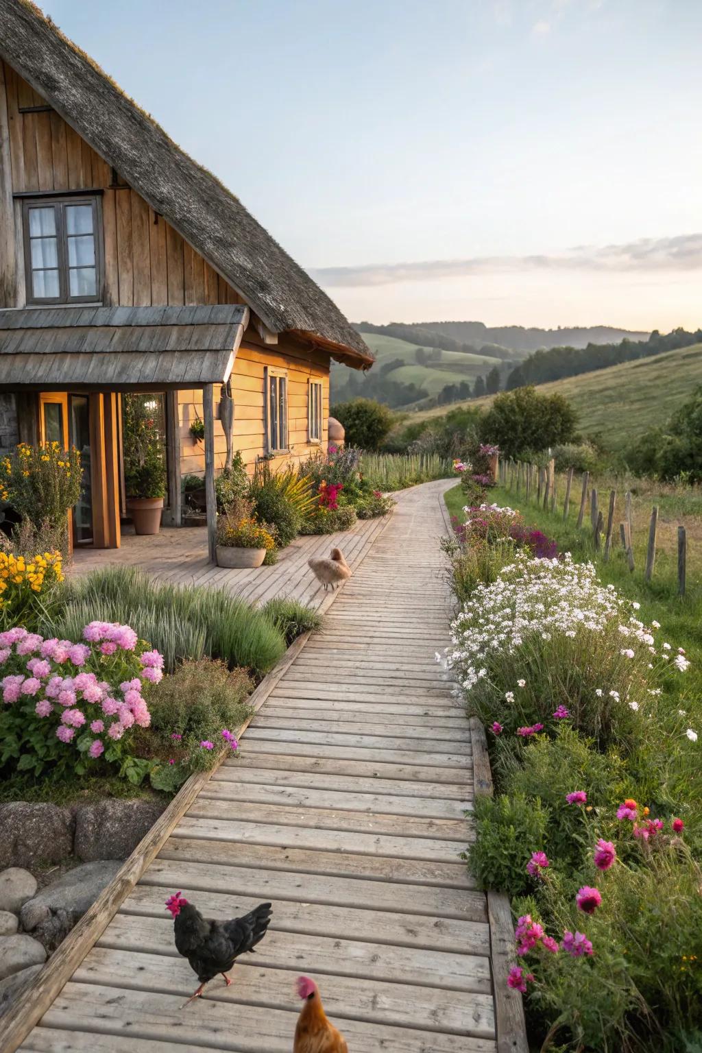 Rustic wooden planks create a warm, inviting path to this farmhouse.