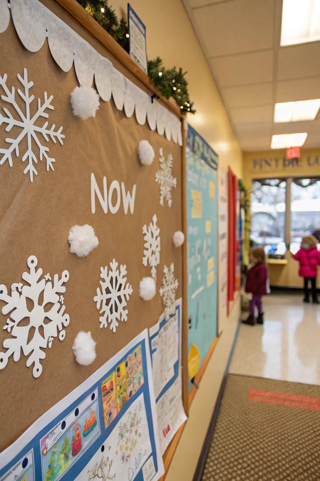 Transform your classroom into a winter wonderland with snowflakes and cotton ball snow.